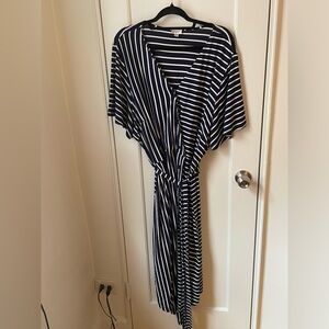 Asymmetrical midi belted navy blue dress